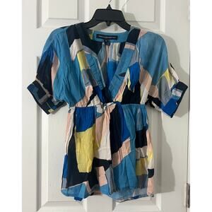 French Connection Blue Multi-Colored Short Sleeve Lightweight Blouse Sz 0